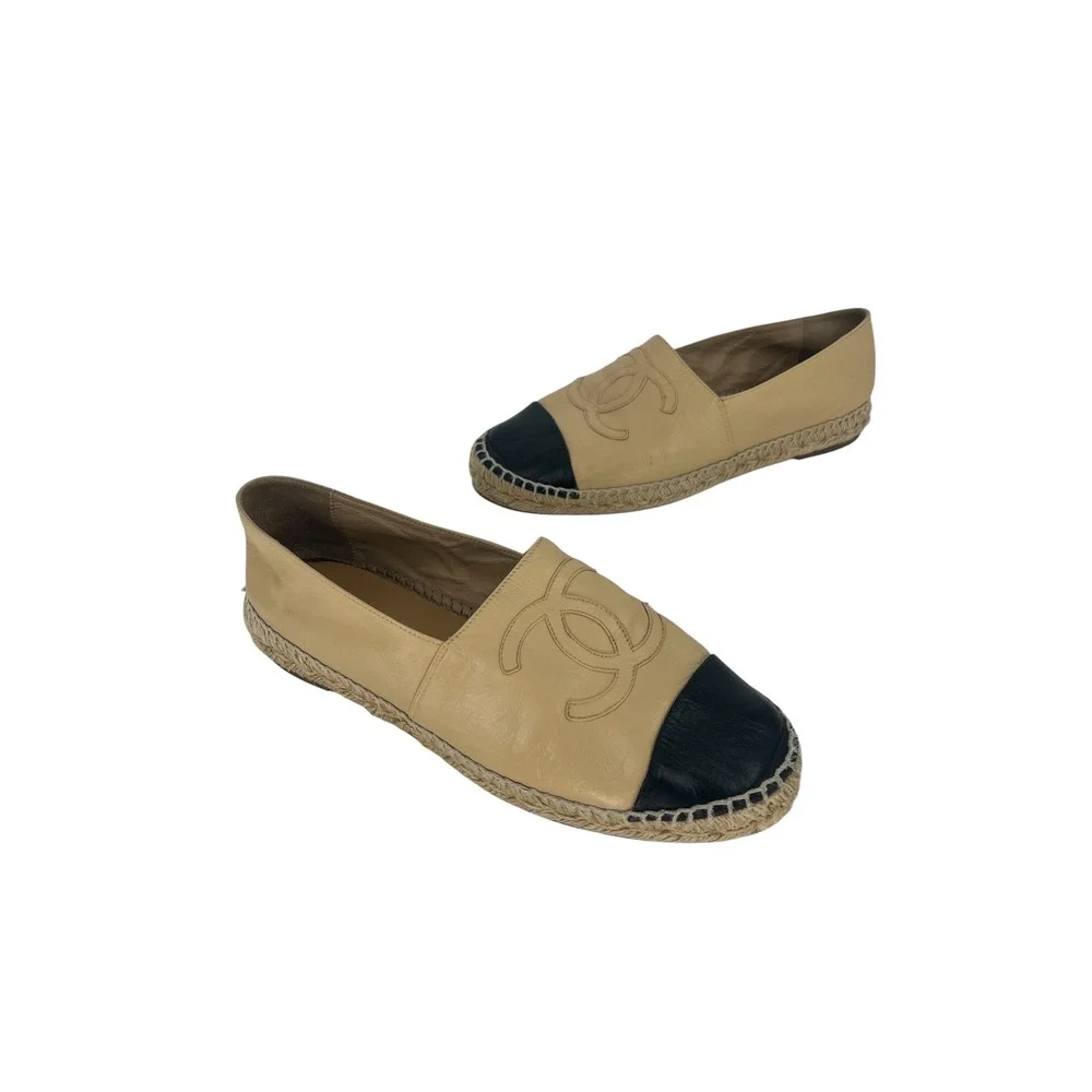 Chanel Lambskin CC Cap Toe Espadrilles Beige Black Size 41
